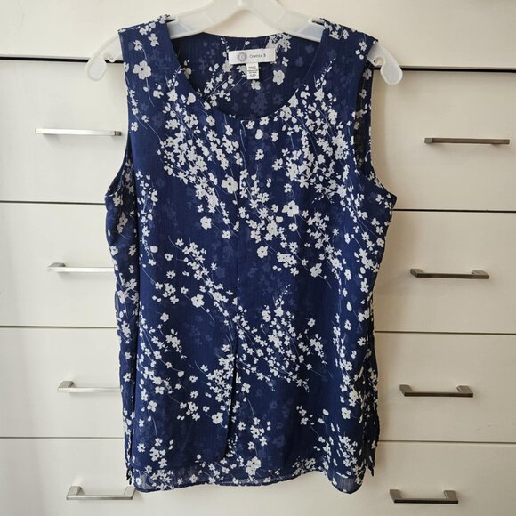 💥$5 ADD ON - CRISTINA B Blue White Floral Sleeveless Relaxed Fit Blouse Size S - Picture 2 of 13